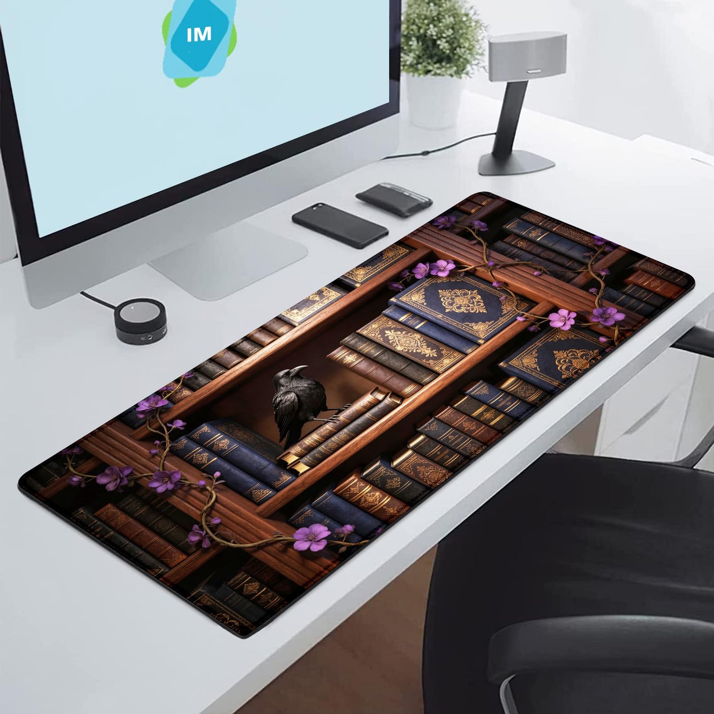 Extended Gaming Mouse Pad 31.5 x11.8 inch, Large Non-Slip Rubber Desk Mat for Gamers, Waterproof Smooth Surface for Precise Mouse Control, Washable Computer Keyboard Pad (Gothic Crow Library)