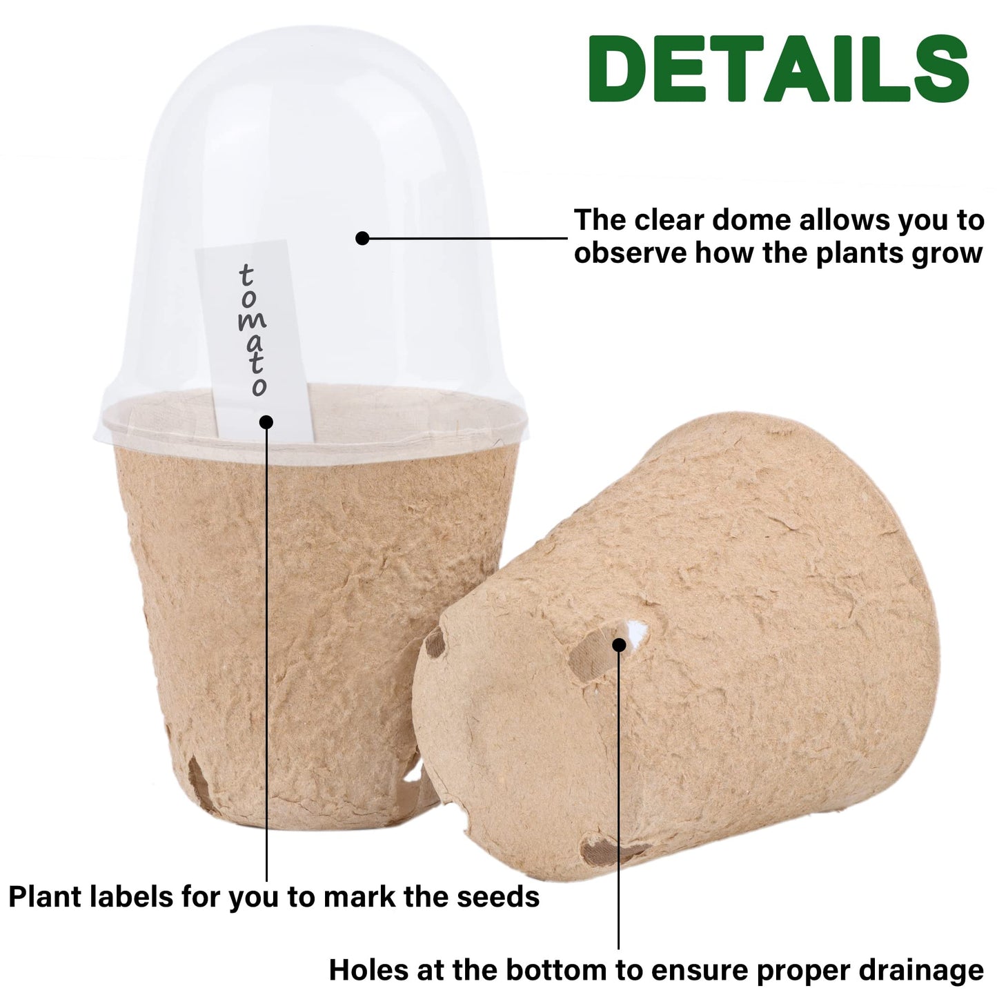 winemana 36 Set Plant Nursery Pots with Humidity Dome, Seed Starter Biodegradable Peat Pots, Seedlings Planting Pots with Labels for Indoor Outdoor Garden
