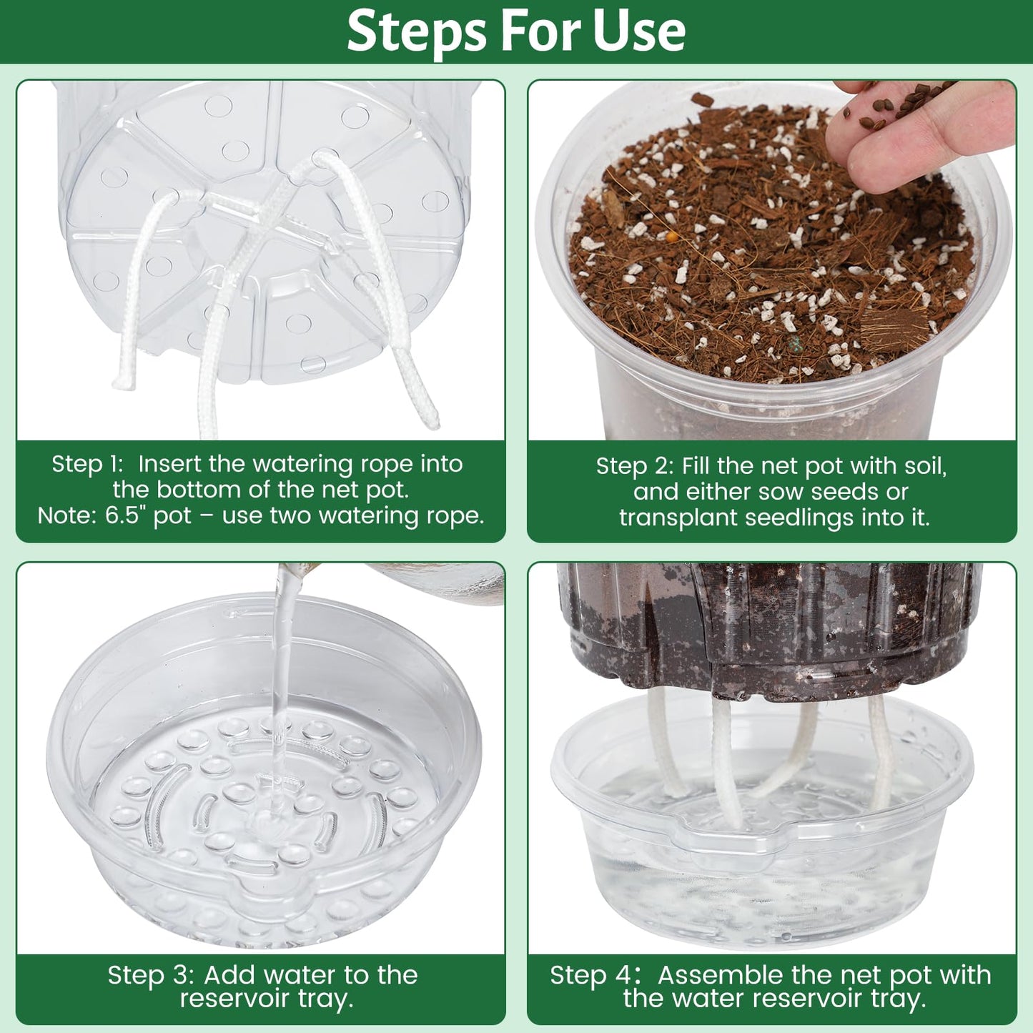 Bluepro 18 Pack 6.5/5/4 Inch Clear Self Watering Plant Pots with Bottom Water Tray & Watering Rope, Transparent Nursery Pots with Drainage for Seedlings, Herbs, and Houseplants