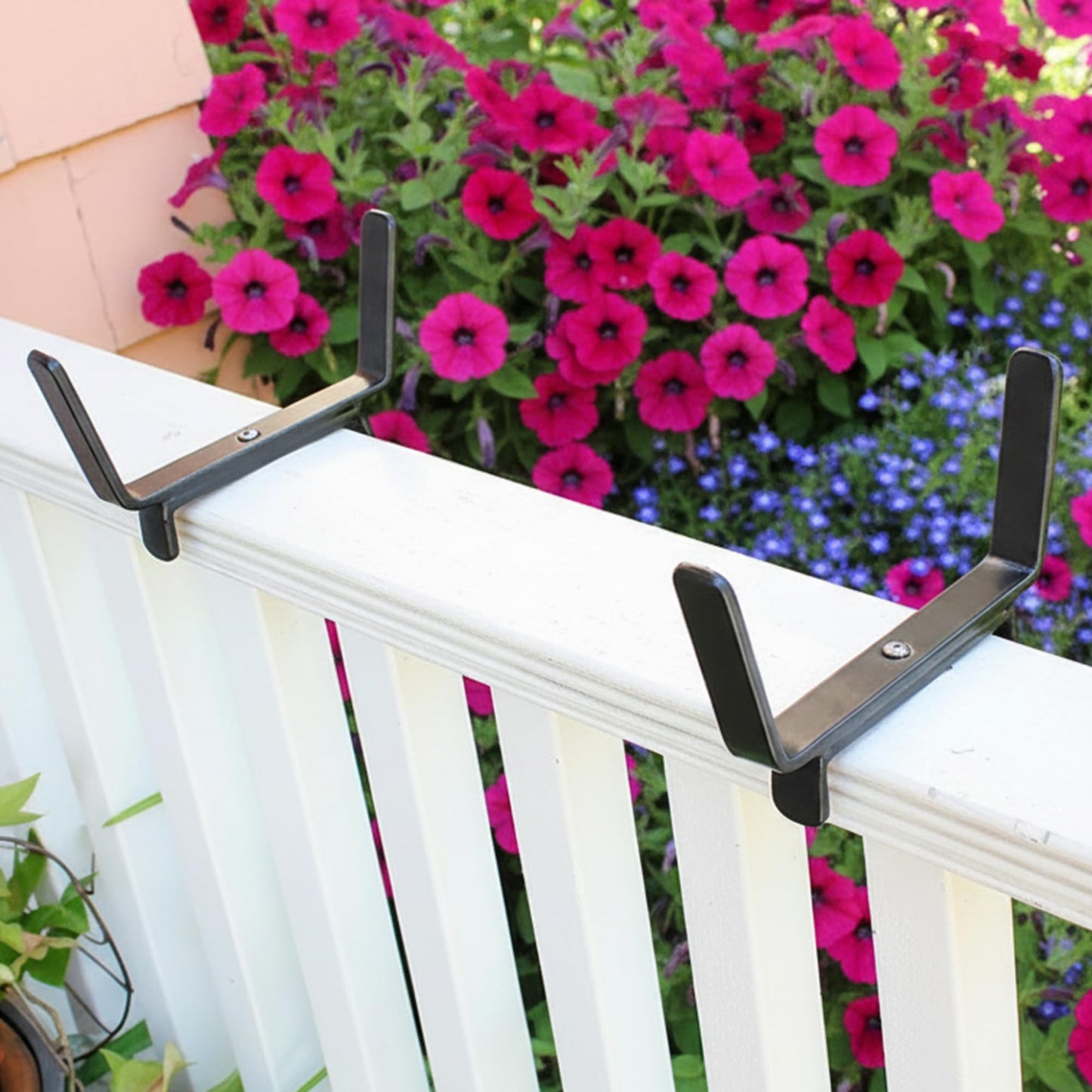 Oakestry Flower Box Deck Railing Brackets Pair Wrought Iron Black Powder Coated Heavy Duty Holder Outdoor Garden Patio Balcony Organizer Decorative Mount Accessory Fits 2 x 4 Inch Rail
