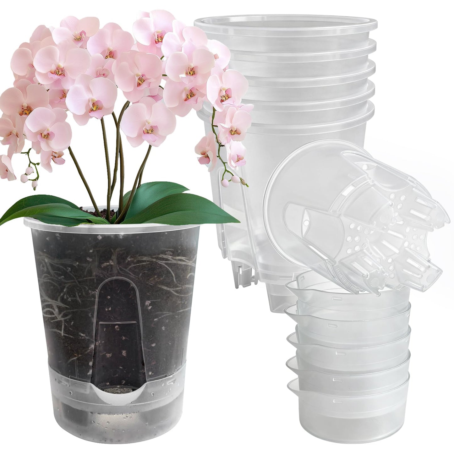 Cdd's Path Upgraded 5-Pack 6 Inch Naked Root Planter Self Watering Pots Set, Plant Pots with Holes for Indoor/Outdoor Plants with Watering Hole/Reservoir and Air Pipes, Clear
