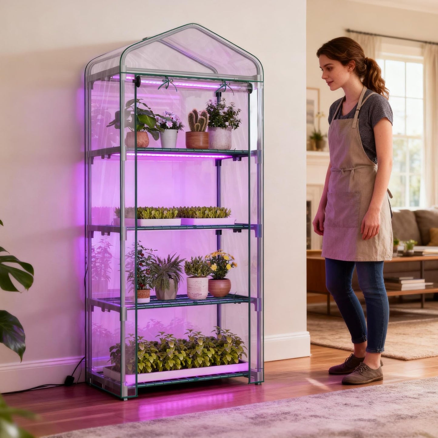 Indoor Greenhouse with Grow Light, 4-Tier Mini Greenhouse 27.6"x19"x63" Small Greenhouse with Zippered PVC Cover for Seed Starting Trays, Dimmable Plant Light for Indoor Plants with Timer