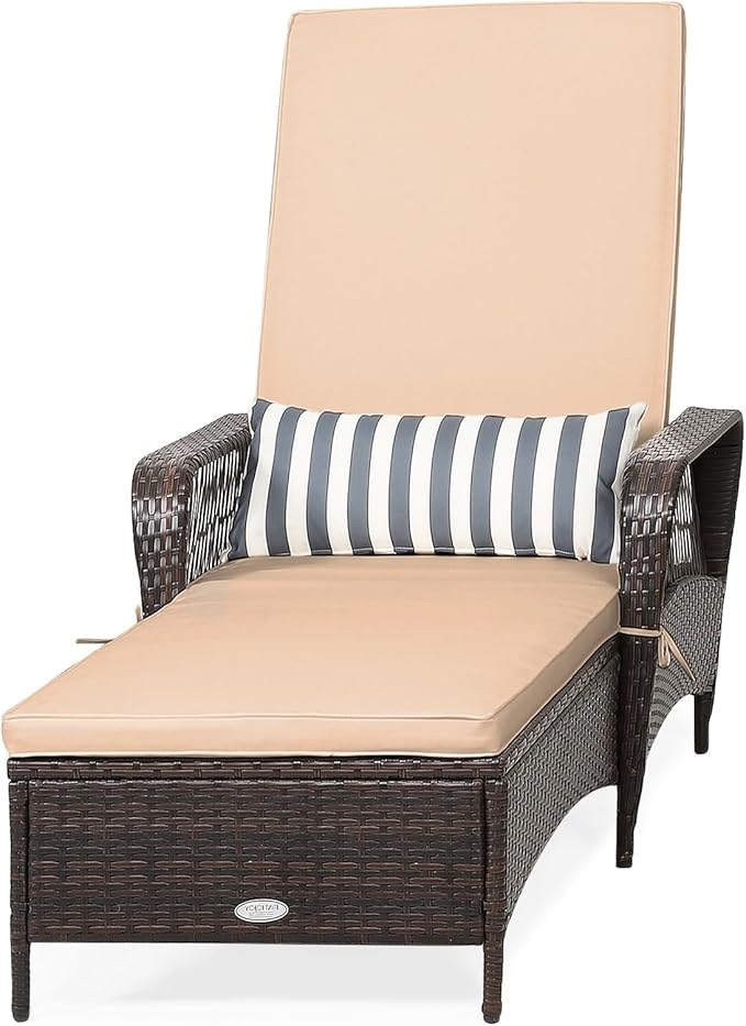 COSTWAY PE Rattan Chaise Lounge Chair, 6 Gear Adjustable Recliner