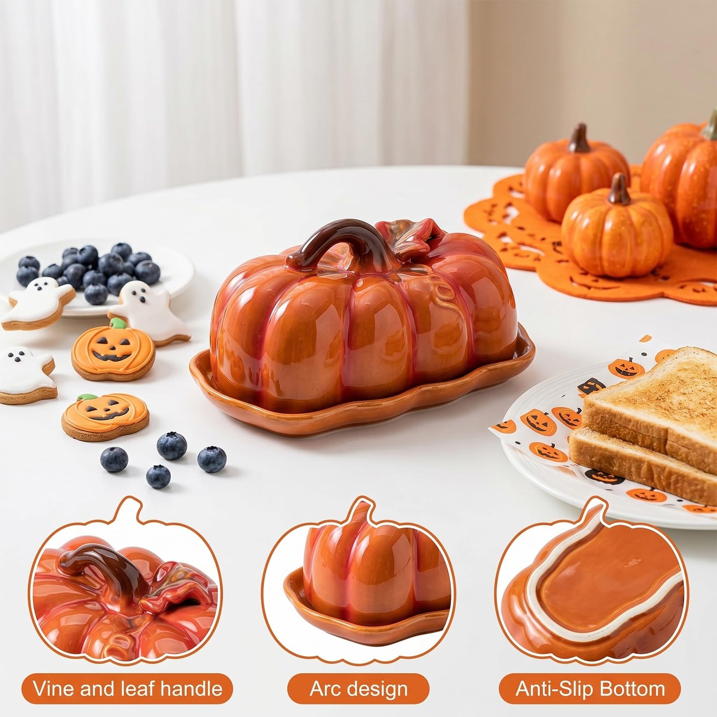 Pumpkin Butter Dish Set with Lid,Kitchen Countertop Tray with Lid,Multi-Purpose Pumpkin Shaped Snack Plate,Ideal Kitchen Decoration and Holiday Gifts such as Halloween &Thanksgiving (Orange, General)