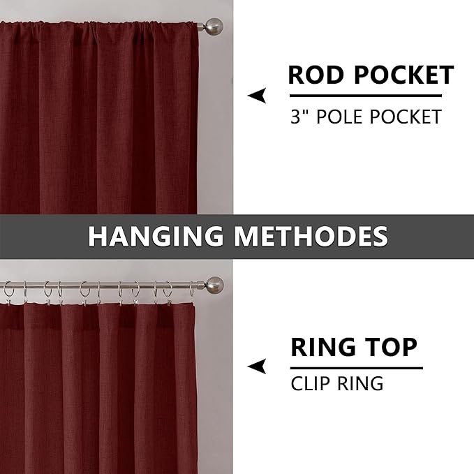 Tollpiz Linen Curtains Living Room Rod Pocket Semi Sheer Curtain Burlap Light Filtering Thick Linen Drapes for Bedroom, 38 x 63 inches Long, Burgundy Red, Set of 2 Panels
