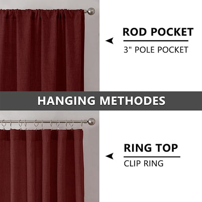 Tollpiz Short Linen Curtains Bedroom Rod Pocket Semi Sheer Curtain Burlap Light Filtering Thick Linen Drapes for Living Room, 38 x 45 inches Long, Burgundy Red, Set of 2 Panels