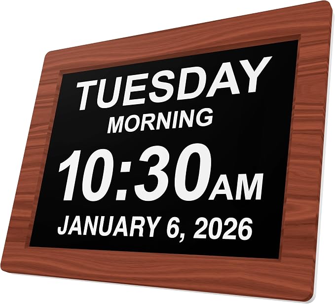 American Lifetime New 2026 Dementia Clock Large Digital Clock for Seniors, Alzeimer Clock Large Display with Custom Alarms, Clock with Day & Date for Elderly, Digital Calendar Premium Brown Wood 12"