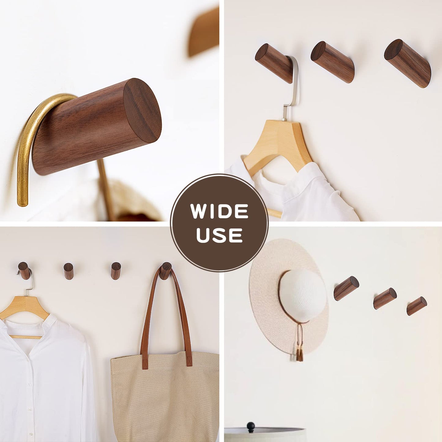 Felidio Wood Wall Hooks, 3 Pack Rustic Coat Hook Wall-Mounted, Decorative Hooks for Hanging Coats Hats Towels Robes Hat Rack for Wall (Walnut Wood)