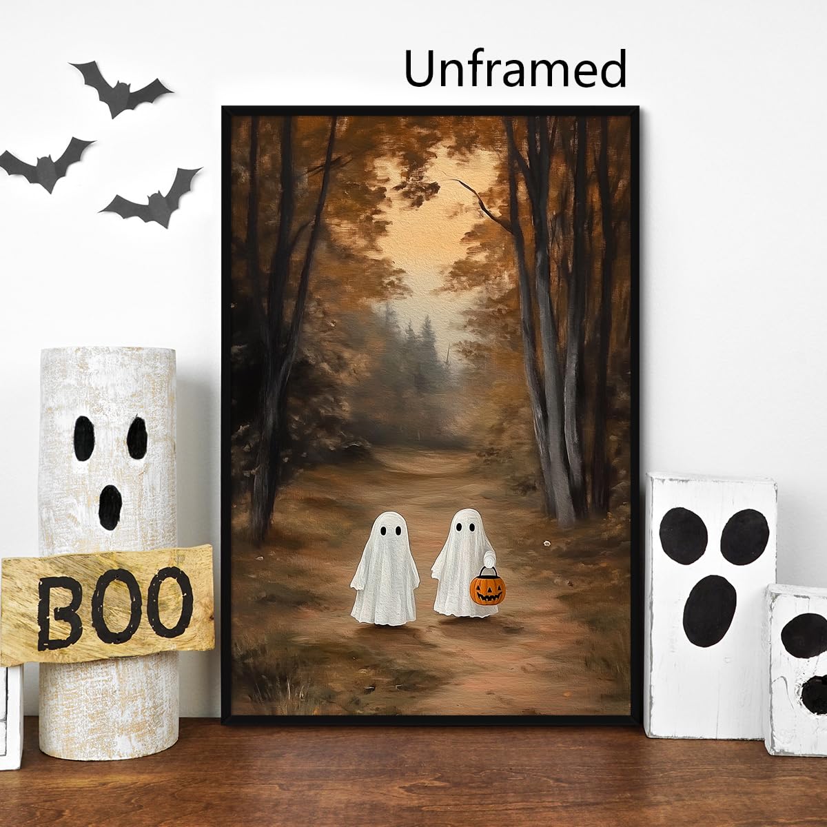 Halloween Ghost Canvas Wall Art, Friendly Ghosts with Jack O Lantern In Autumn Forest Poster, Spooky Fall Landscape Print, Gothic Halloween Pumpkin Holiday Picture for Bedroom 12x16in Unframed