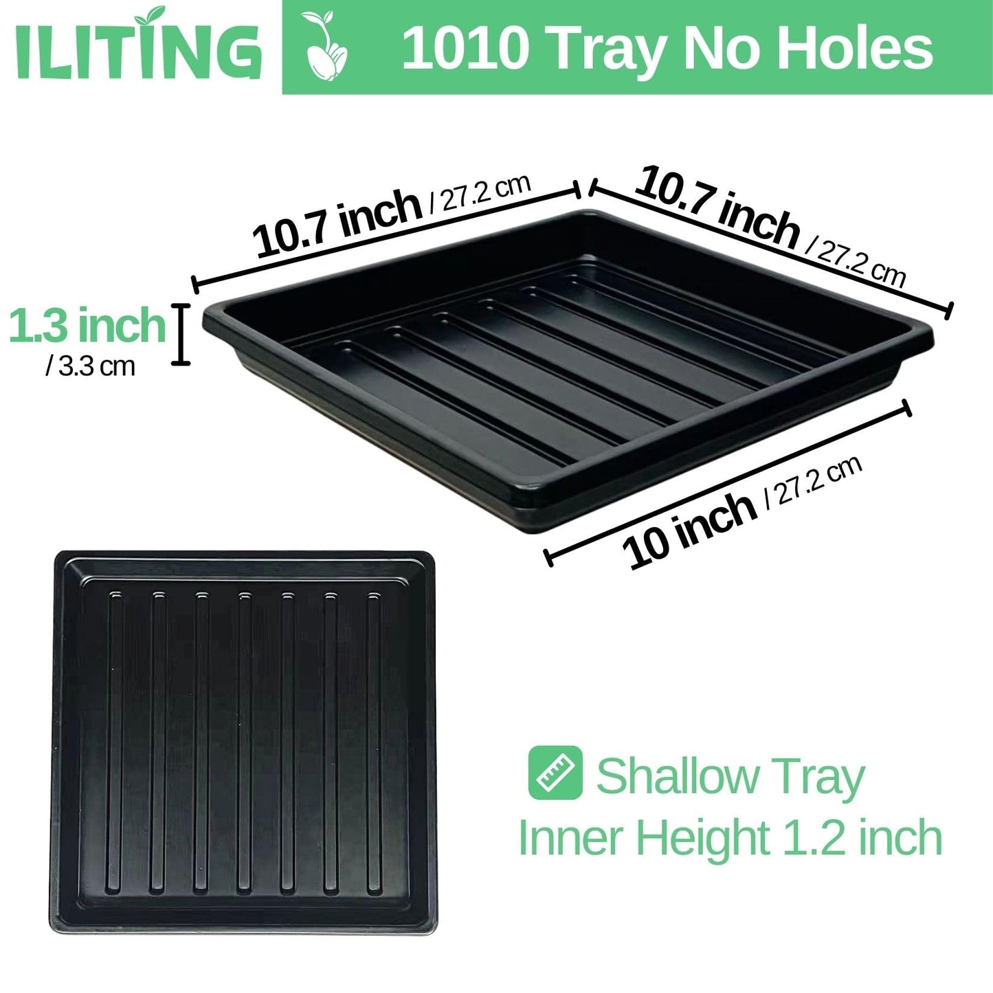 ILITING Plant Growing Trays for Seedlings Microgreen Seed Starter Shallow Plants Tray Drip Tray Standard 1010 Tray No Holes 10 Pack Black 10.7 x 10.7 inches Square Trays
