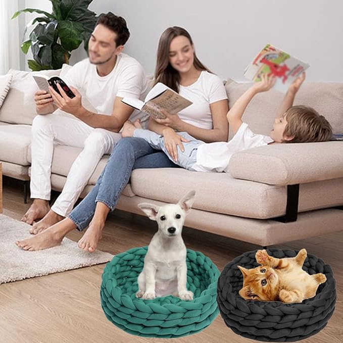Woven Dog Bed Basket, Knitted Cotton Cat Bed Round Washable Woven Cat Pet Bed Chunky Dog Basket, Orthopedic, Chunky Knit Dog Nest,Dog Bed,Dog Cave,Dog Bedding(Green 1,17")