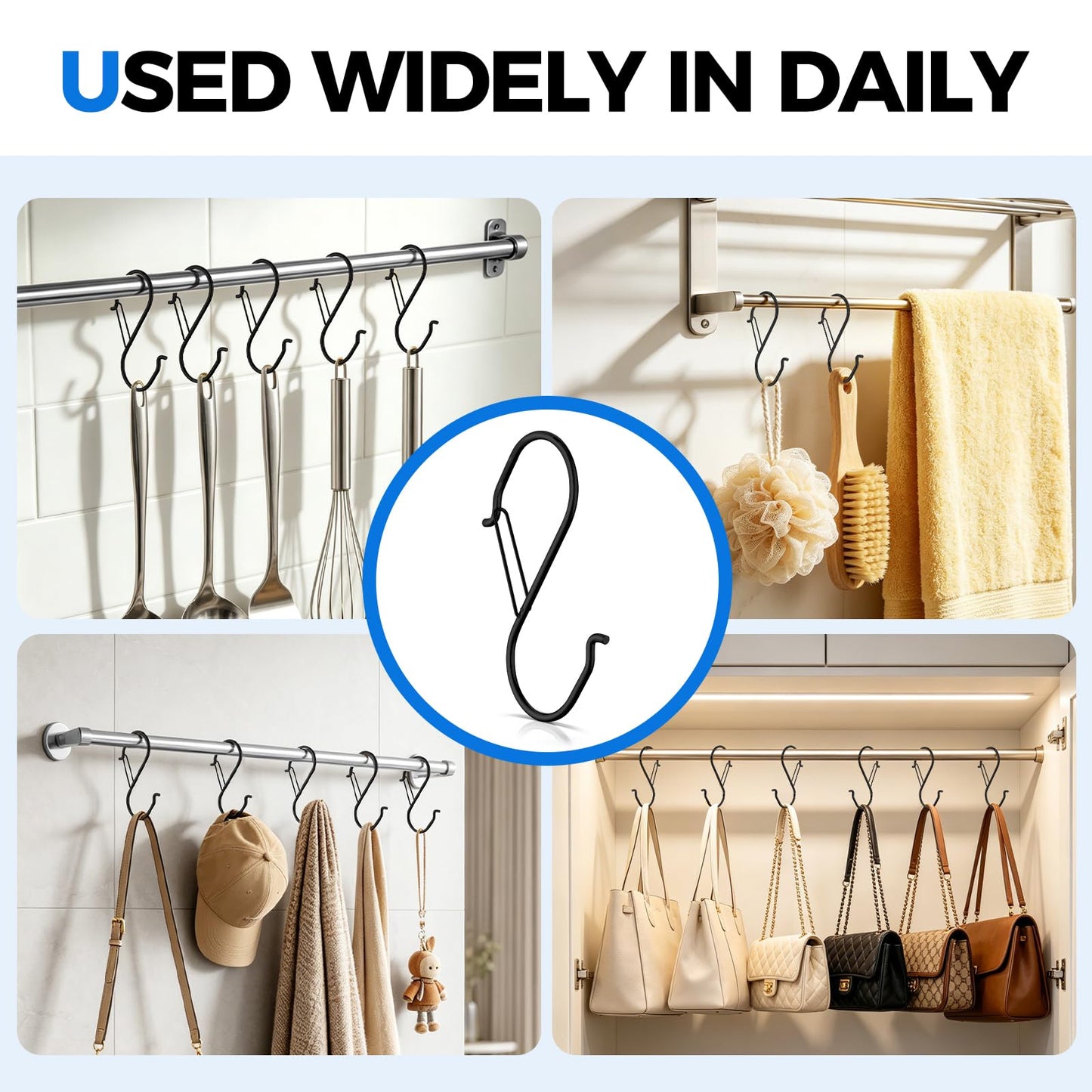 HCTESCO Heavy Duty Large S Hooks, 4.96 inch, Black, Set for Hanging Plants, Carabiners, Kitchen Cabinet Handles,s Hooks Buckle Side is Suitable for mostrods,Less Than 1.2inch in diamete(16)