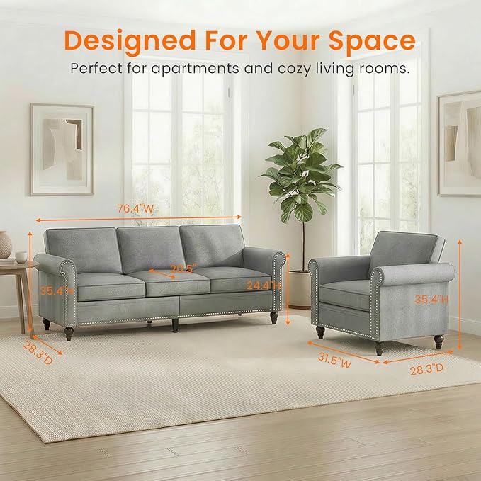 2 Piece Living Room Sofa Sets, Modern 3 Seater Couch and Armchair Sets
