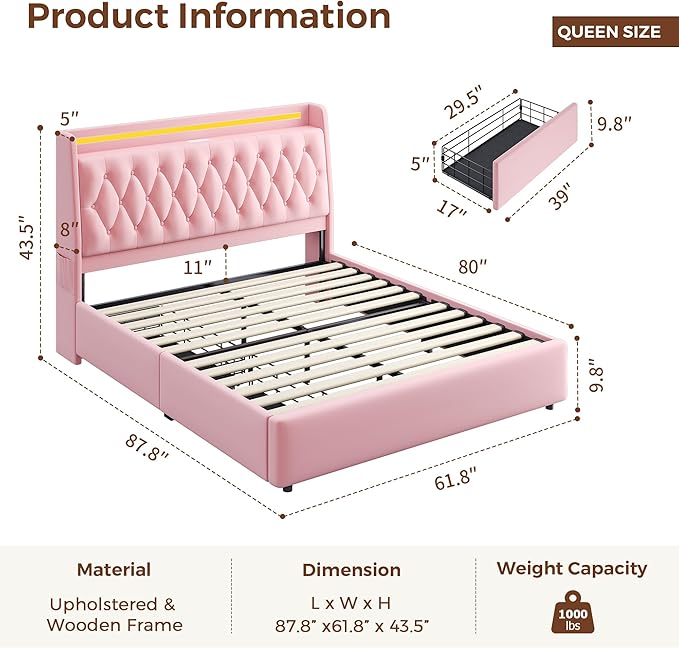 Queen LED Velvet Bed Frame