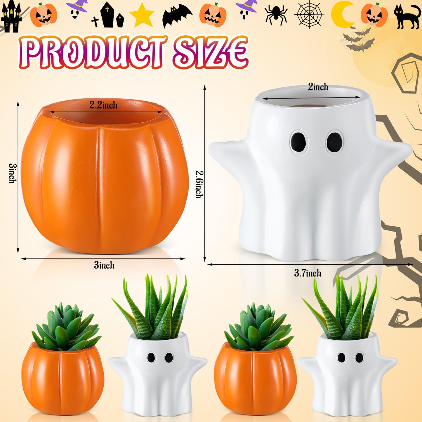 Newtay 4 Pack Halloween Pumpkin Ghost Planter 3 Inch Halloween Succulent Pots Bucket Vase Gifts Resin Small Flower Pots for Home Office Party, Plants Not Included