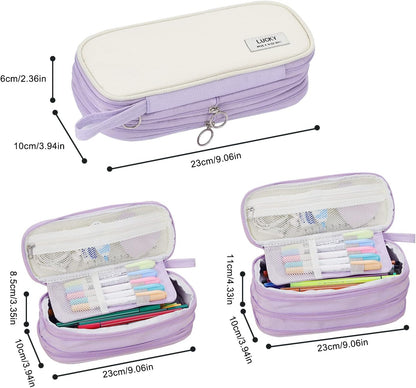 Big Pencil Case Zipper Pencil Pouch Organizer Large Capacity Pen Bag with Handle Portable for Girls Kids Adults Gift Pen Case for School Home Office Purple