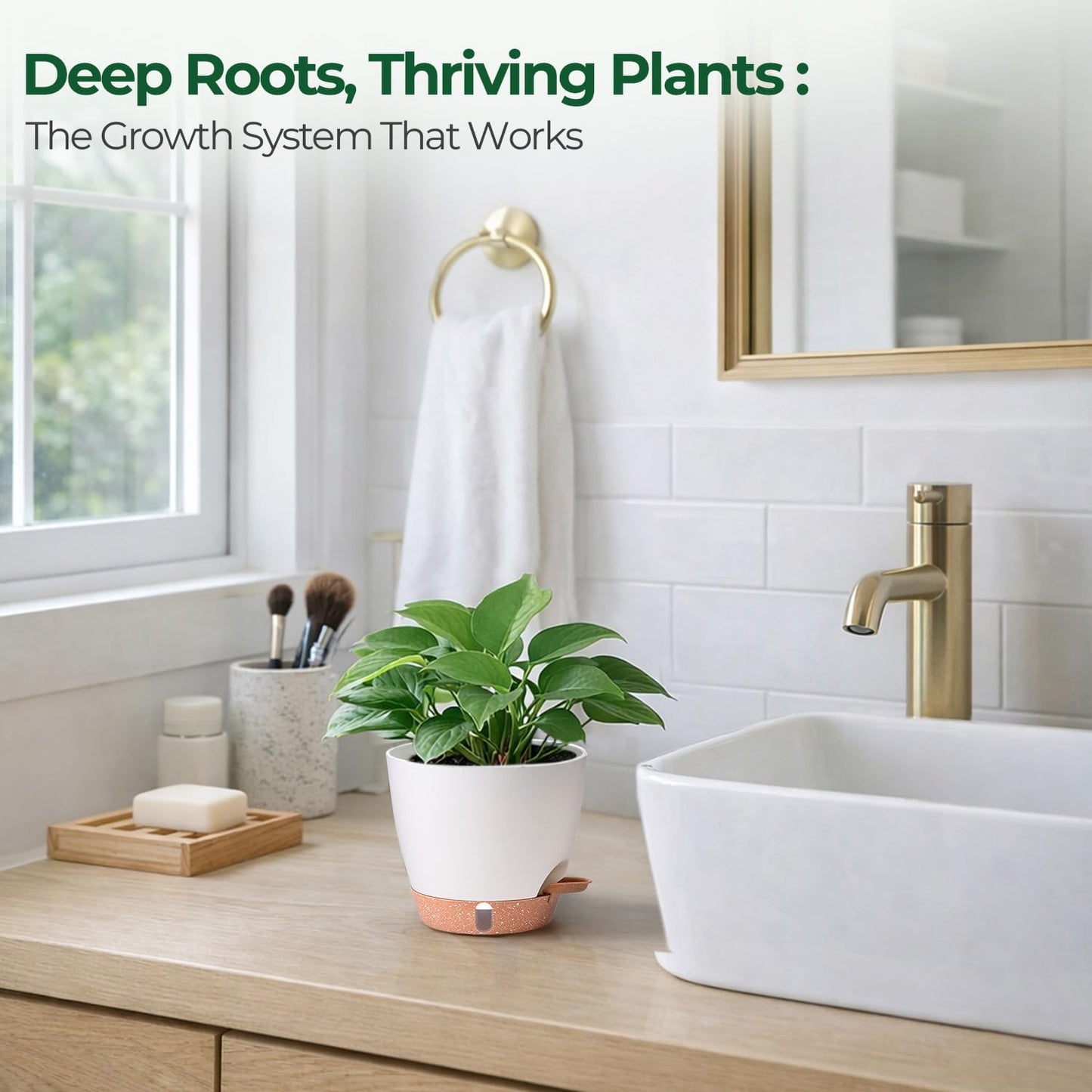 T4U 4 Pack 6 Inch Self Watering Pots - Water Level Indicator & Deep Reservoir, Mess-Free Planter for Busy People, Beginners & Gardeners, Fit Herbs/Pothos/Succulents Plants, Indoor Outdoor Use (White)