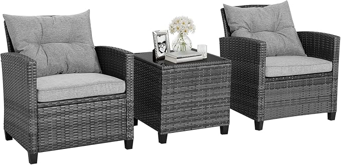 HAPPYGRILL 3 Pieces Patio Conversation Set, Outdoor Furniture Set PE Rattan