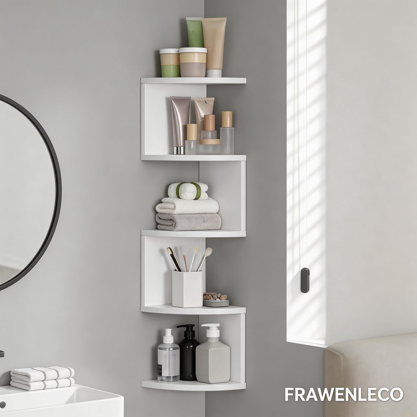 FRAWENLECO No-Drill Modern Corner Shelf Wall Mount, 5-Tier Floating Storage Rack, Corner Bookshelf with Hooks, Space-Saving Zigzag Plant Shelf for Bedroom, Living Room, Bathroom, Home Office(White)