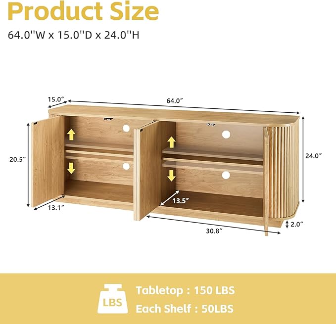 64" Fluted TV Stand for TVs up to 75 inch, Modern Entertainment Center