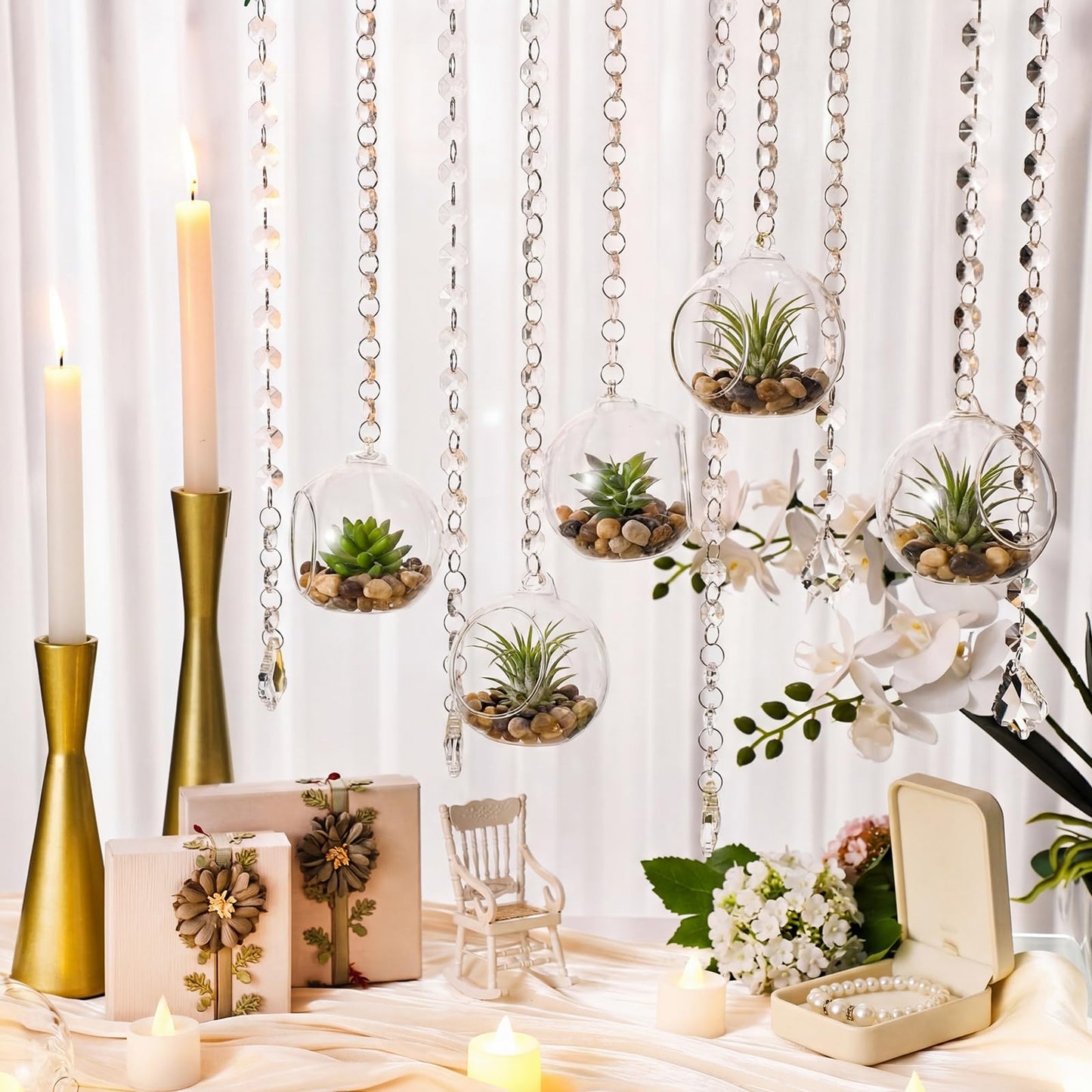 GlikCeil 112 Pcs 3.15'' Hanging Glass Tealight Holder with Clear K9 Crystal Garland Strands and Maple Leaf Pendants Globe Plant Terrariums Glass Orbs for Wedding Party Valentine Decoration
