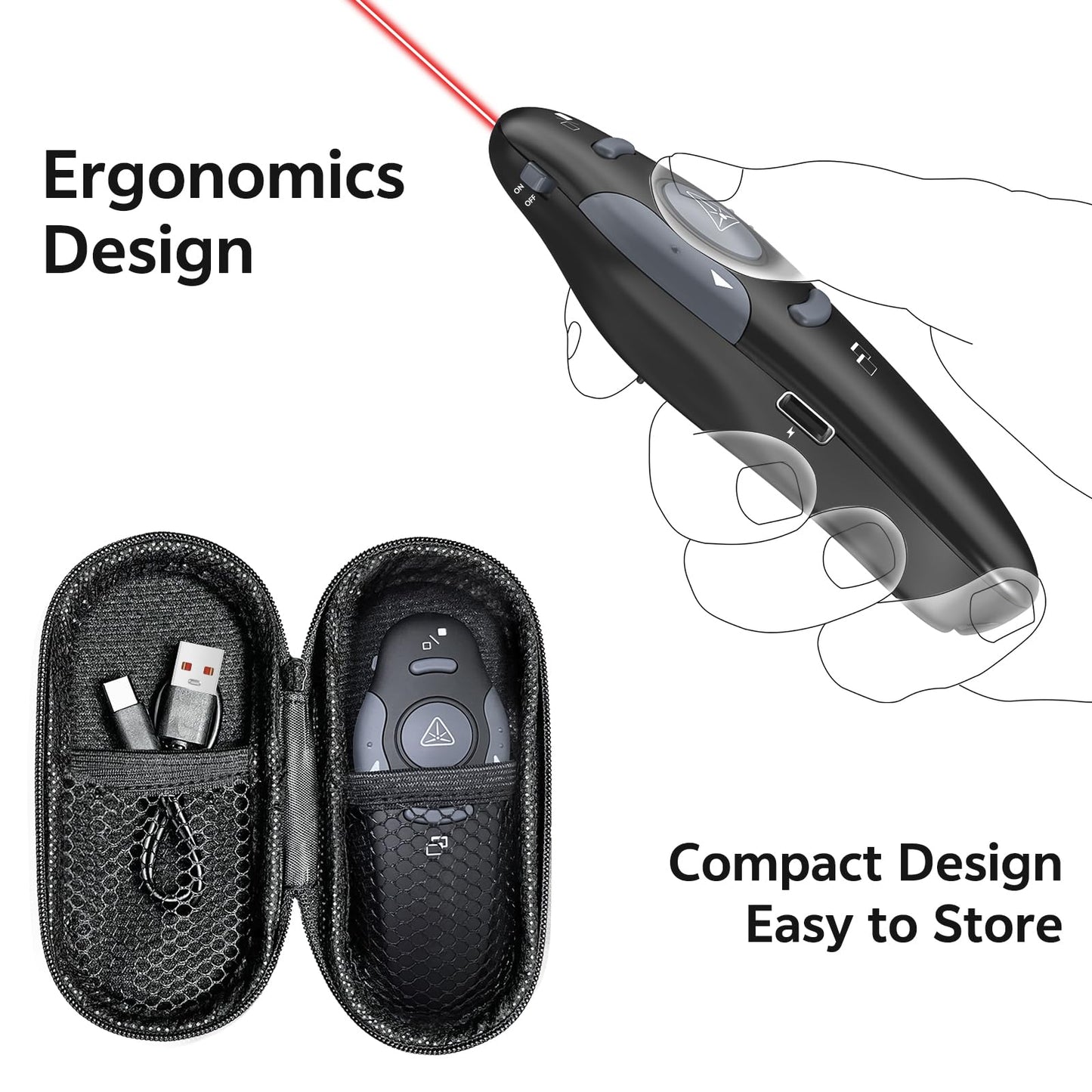 Presentation Clicker with Case Storage: PowerPoint Wireless Presenter Remote USB Type C Rechargeable Red Laser Pointer Clickers for Computer Project Mac PPT Slideshow Google Slide Advancer
