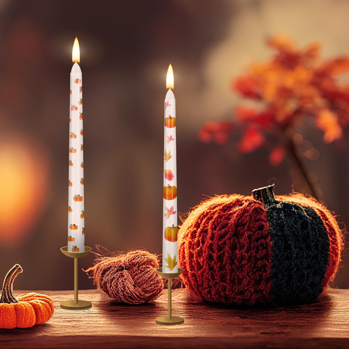 8 Pcs Fall Taper Candles 10'' Hand Painted Pumpkin Thanksgiving Taper Candles Autumn Maple Leaves Fall Halloween Decor Harvest Thanksgiving Decorations