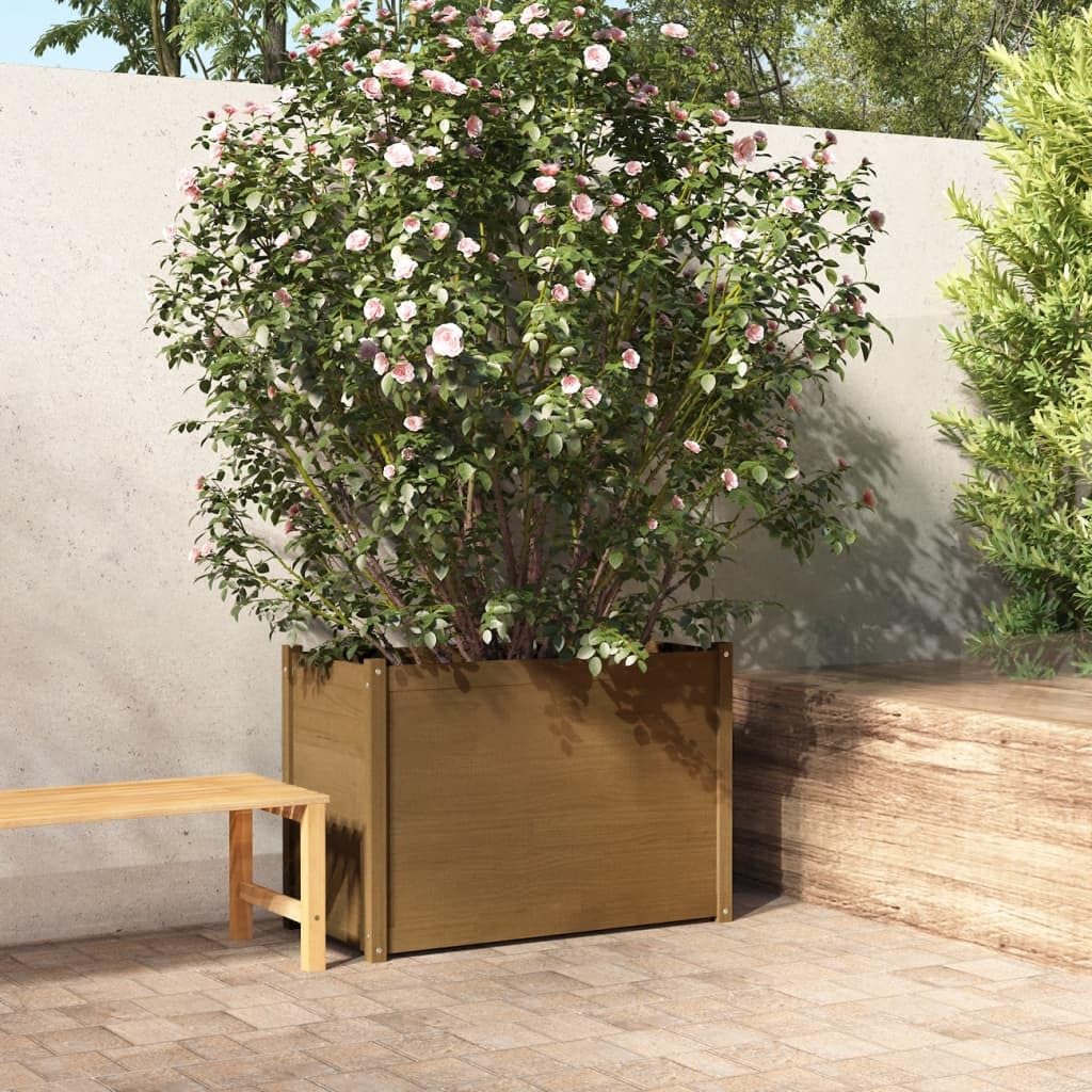 Foknhdi Honey Brown Large 39.4 x 39.4 x 27.6 in Solid Pine Garden Planter Box Raised Square Outdoor Wood Bed for Patio Balcony Backyard Vegetables Flowers