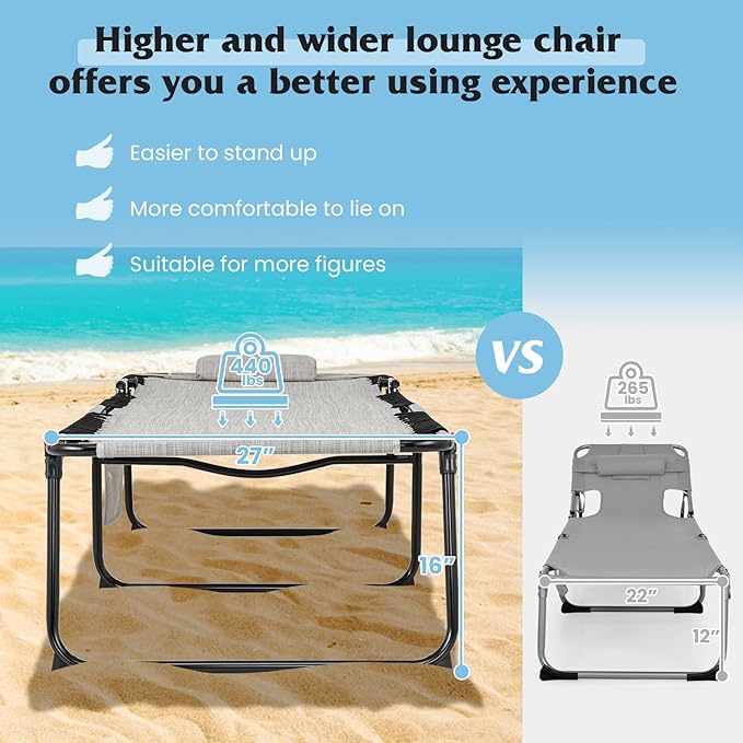 GYMAX Lounge Chair for Outside, 440lbs 27” Oversize Folding Beach Tanning