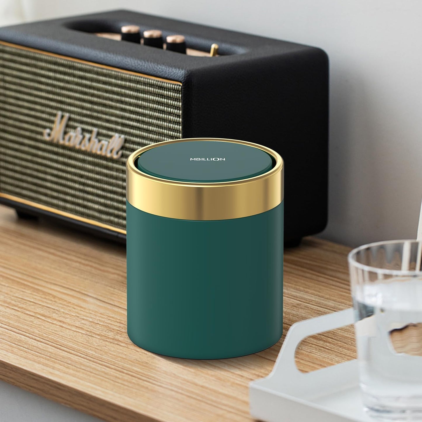 Mini Trash Can with Lid, Desktop Small Trash Can Recycling Bin Cute Metal Garbage Can for Tabletop Countertop Use,Stainless Steel 0.4 Gallon/1.5 Liter Waste Bin for Office Parlor Bedroom,Dark Green