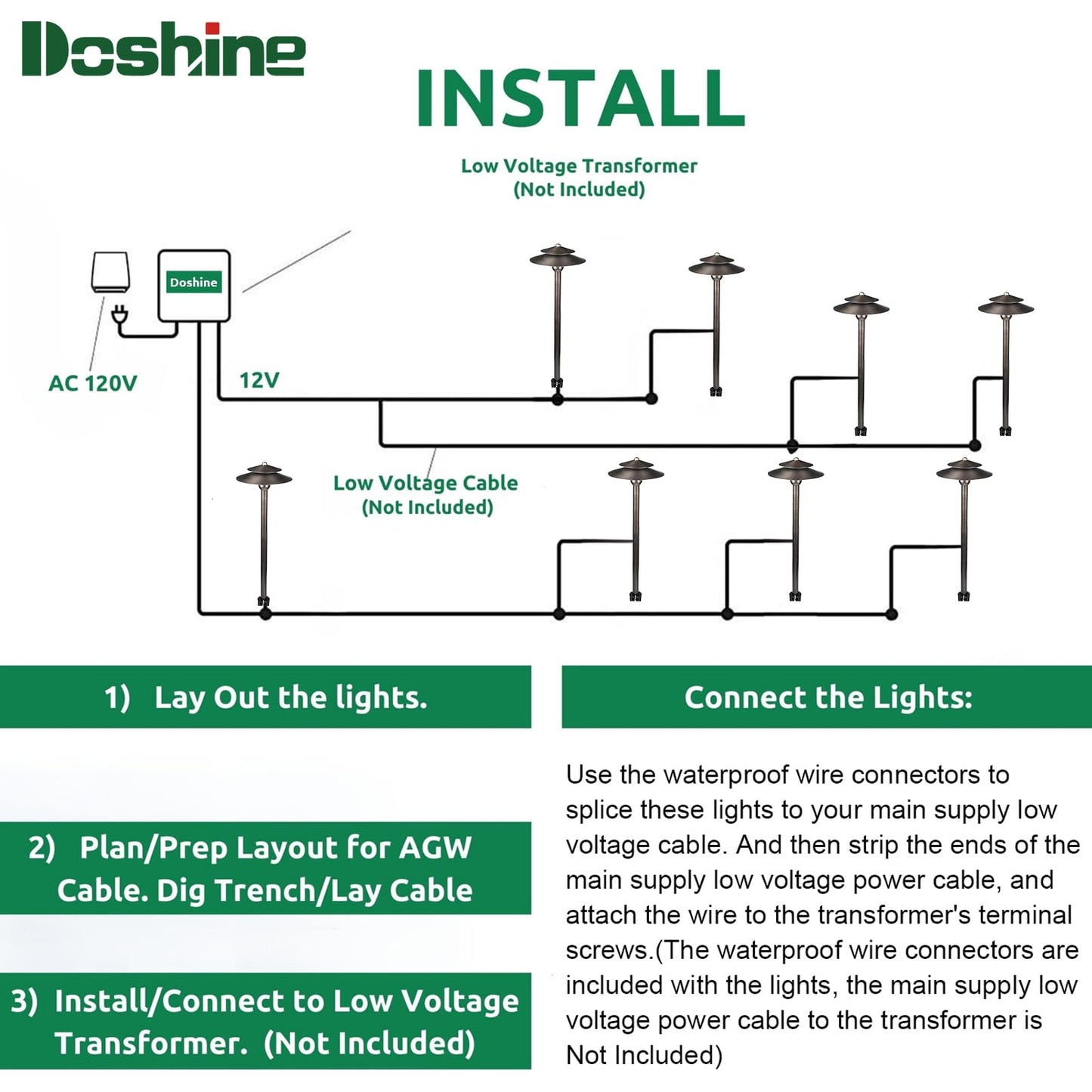 DOSHINE® Solid Brass Low Voltage Landscape Lighting Pathway Lights (8.25" Shade, 22" Tall) with Replaceable 3W G4 LED Bulb 3000K AC/DC 12V and Ground Stake for Outdoor Walkway Driveway (DOU, 6-Pack)