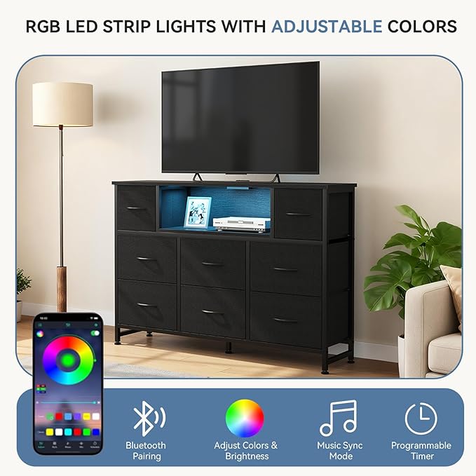DUMOS TV Stand Dresser with 8 Fabric Drawers and Open Shelves, LED