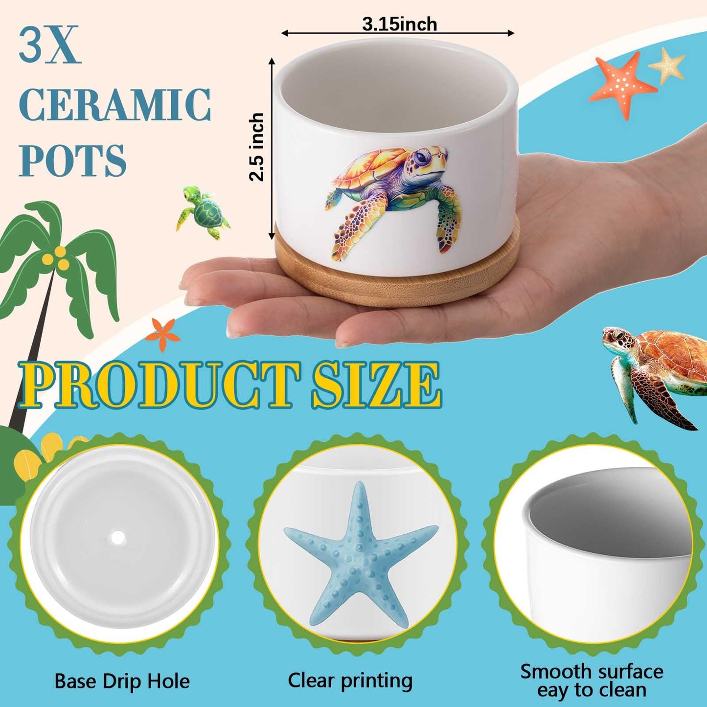 Jingmore 3 Pcs Sea Turtle Decor Gift for Women Planter Ceramic Gift Animal Plant Pot with Bamboo Tray for Office Home Farm House Bathroom Kitchen Christmas Decorations (No Plants Included)