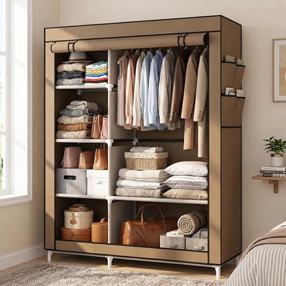 Calmootey Portable Closet Organizers, Clothing Storage, Wardrobe with 6 Shelves and Hanging Rod, Non-Woven Fabric Cover with 4 Side Pockets, Brown