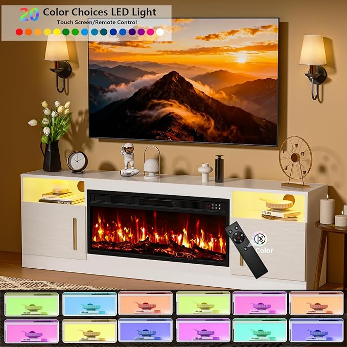 PRETZI Fireplace TV Stand with 36" Fireplace Up to 80" TVs, Remote Control