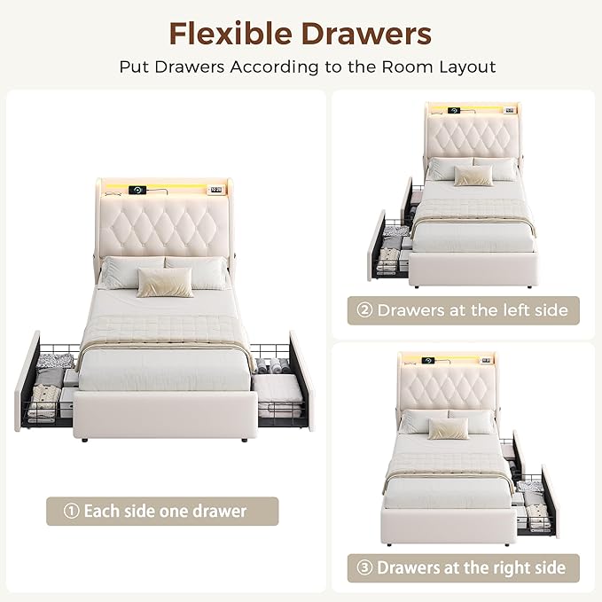 Twin LED Velvet Bed Frame with 2 Storage Drawers&Hidden Headboard, Upholstered