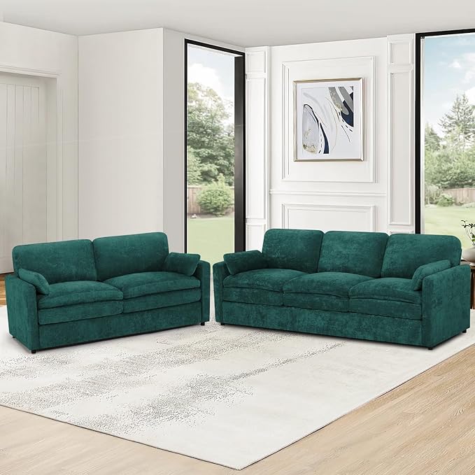 Classic Chenille Sofa Set with 2 Extra Armrest Pillows, Loveseat and 3-Seat