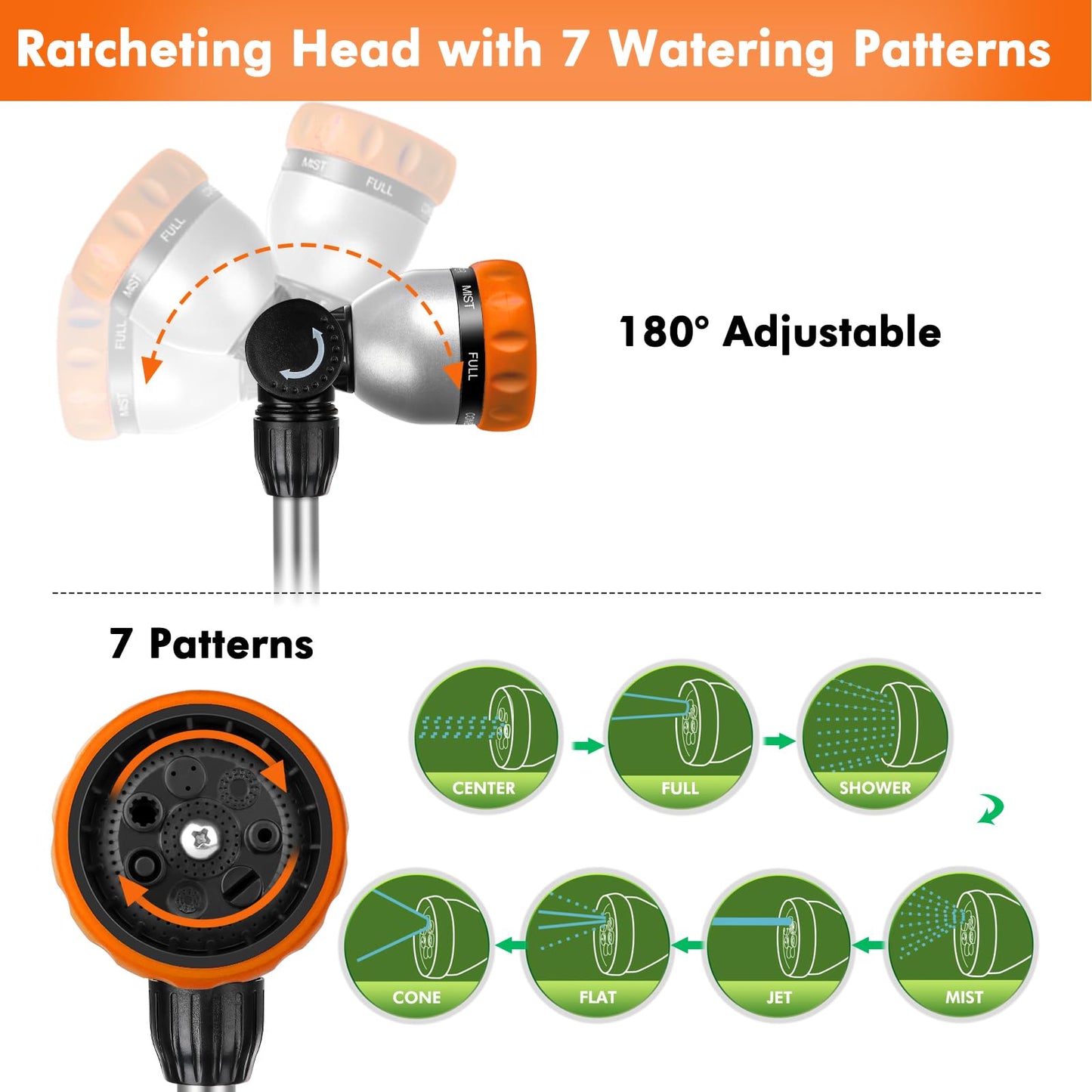 RESTMO 36”-60” Metal Watering Wand, Long Telescopic Tube | 180° Adjustable Ratcheting Head | 7 Spray Patterns | Flow Control, Perfect Garden Hose Sprayer to Water Hanging Baskets, Shrubs, Orange