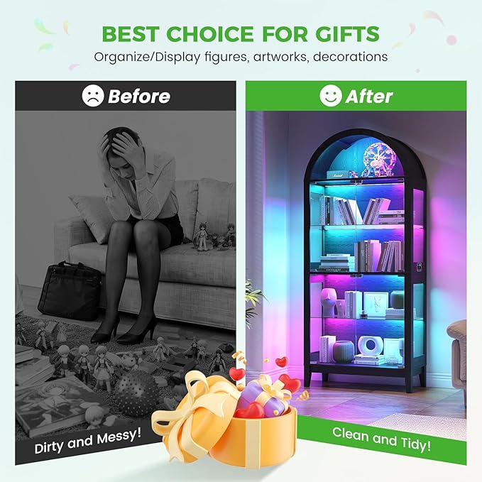 HNEBC Arched Display Case with RGB Lights, LED Curio Cabinet with Shelf