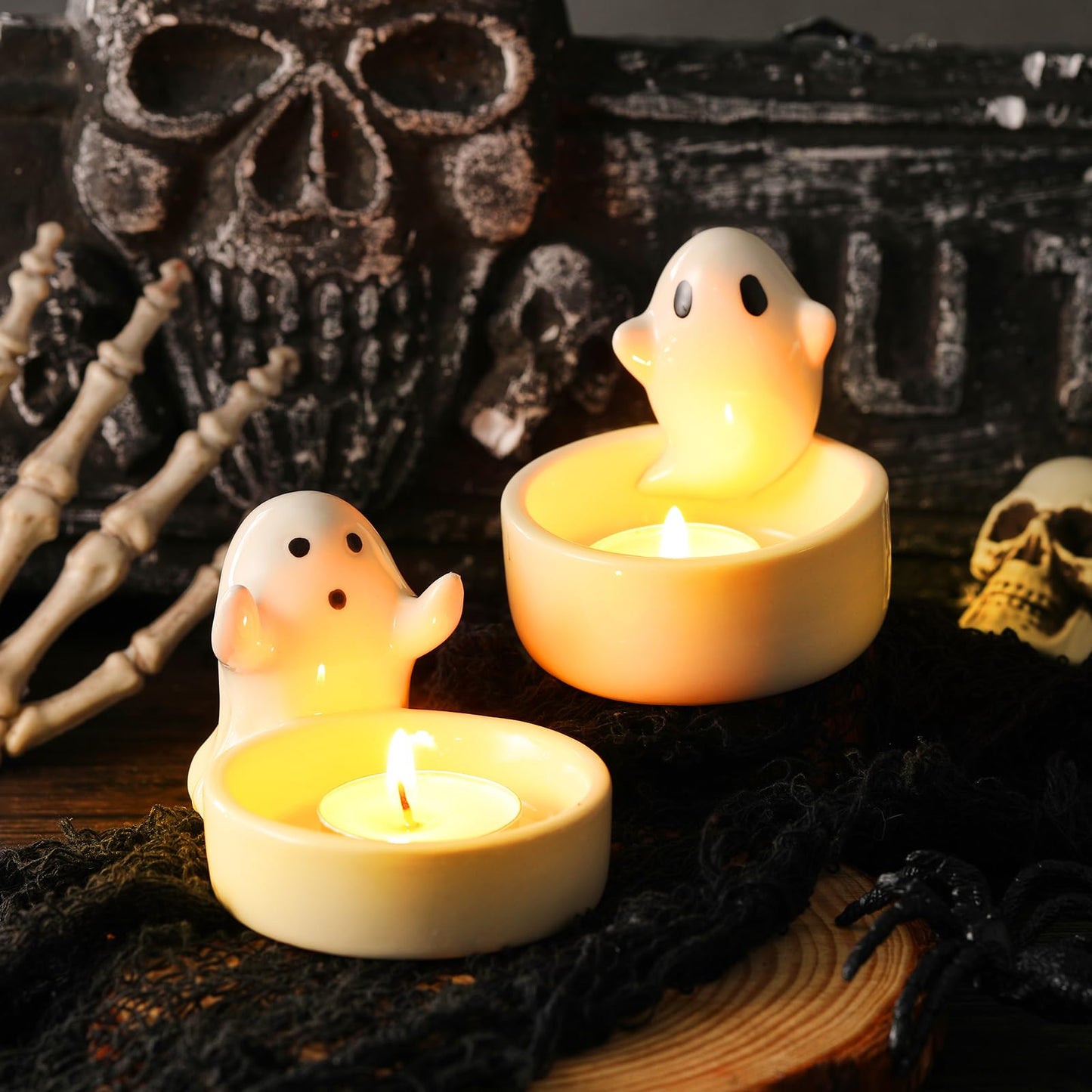 Teenyyou 2 Pack Halloween Ghost Candle Holder Cute Ceramic Ghost Tea Light Candle Holders Halloween Party Decor Favor, Home Table Centerpiece Small Holders for Tea Light