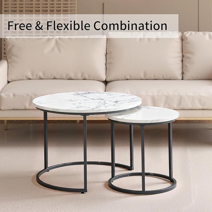 Round Nesting Coffee Table Set of 2, Modern Marble Pattern Wooden Nesting Tables