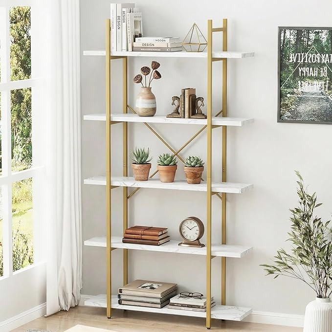 5 Tiers Bookshelf Organizer White Faux Marble Shelf, Modern Open Display