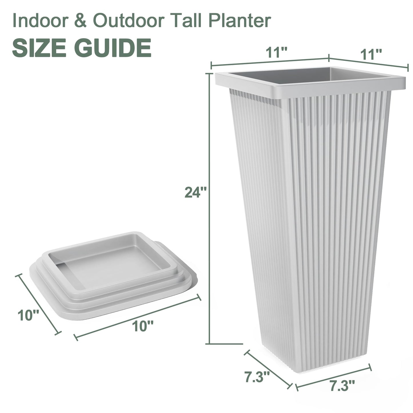 PolarcoForgeco Tall Outdoor Planters Set of 2, 24" Tapered Outdoor Tall White Planter for Front Porch, Large Indoor Modern Planter Flower Pots with Tray, Drainage Holes (Ribbed)