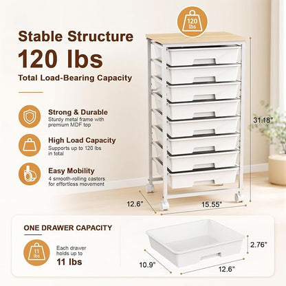 LEHOM Rolling Storage Cart with 8 Drawers, Utility Cart on Wheels with Metal Frame and Wooden Tabletop for Living Room Bedroom Dorm, Office Storage & Art Supply Craft Organizer for Classroom
