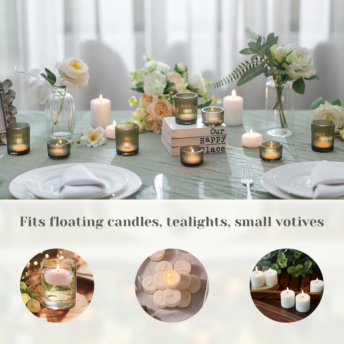 Hewory Glass Tealight Candle Holder: 8 Pcs Dark Green Votive Tea Lights Candle Holder, Ribbed Tea Light Holders Fall Decorations for Thanksgiving Table Centerpiece Wedding Party Home Decor