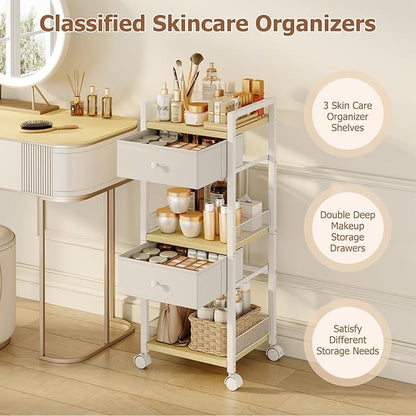Flycity Rolling Makeup Organizer Cart, Floor Skincare Organizers Storage with Drawers, Vanity Makeup Cart with Wheels, Cosmetic Display Cases Holder for Skin Care Perfume Nail Polish Brush Hair Tool