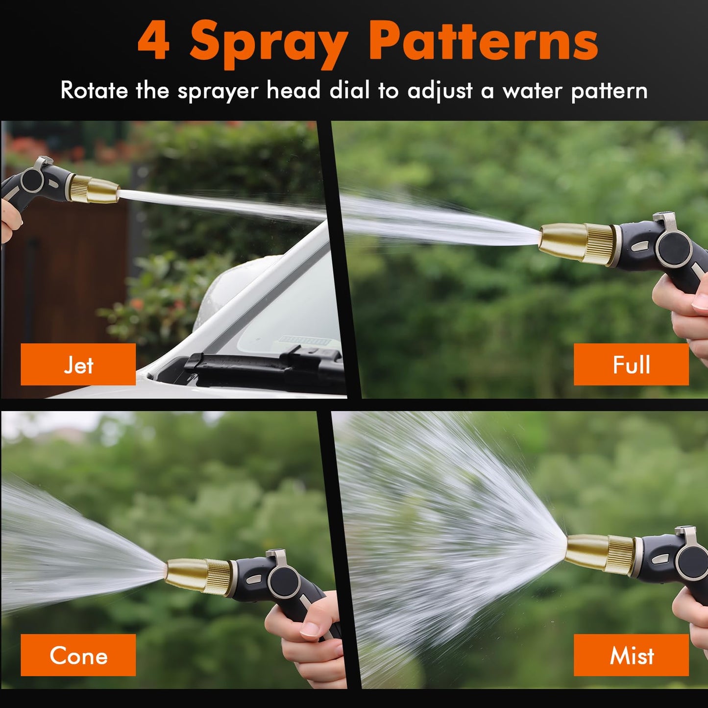 RESTMO High Pressure Hose Nozzle Sprayer, Heavy Duty Brass Head, Metal Water Hose Nozzle for Car Washing, Garden Cleaning, Lawn and Plant Watering, Adjustable Thumb Flow Control, 4 Spray Patterns
