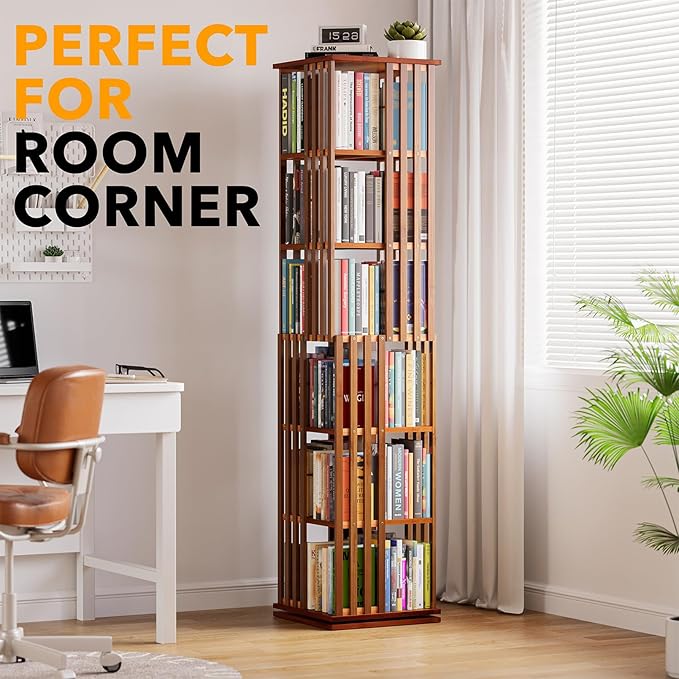 SpaceAid 6 Tier Rotating Bookshelf Tower, Bamboo Spinning Book Shelf, Revolving