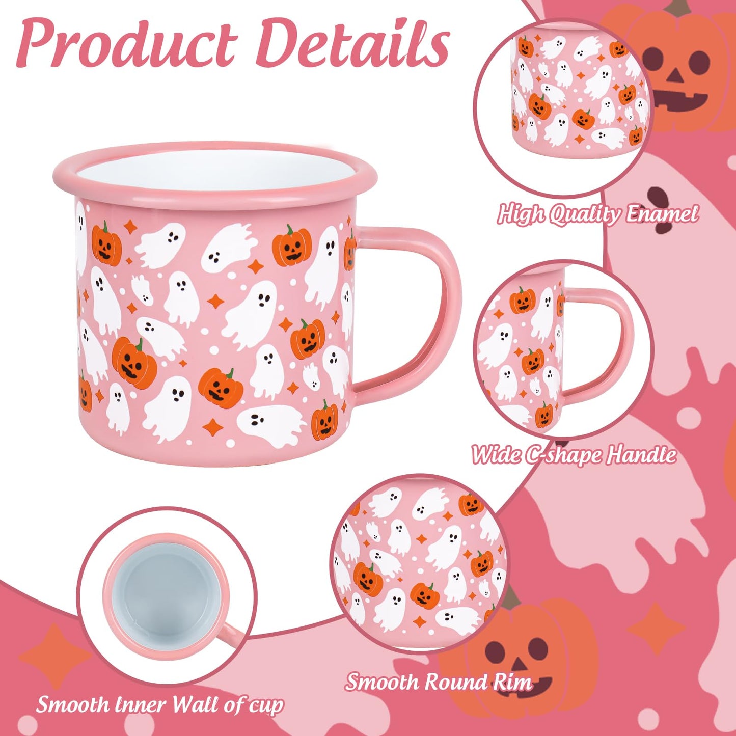 JarThenaAMCS 2 Pcs Halloween Coffee Mug Boo Ghost Pumpkin Enamel Cups with Handle Pink Drinking Mugs for Trick or Treat Birthday Holiday Party Gifts, 12 Oz