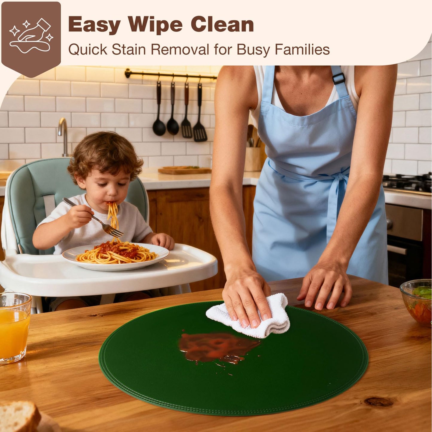 Rinpon Round Vinyl Green Placemats Set of 6, Faux Leather Waterproof Wipeable Heat Resistant Place Mats, Washable Table Mats for Halloween, Thanksgiving & Christmas Dinner(Green)